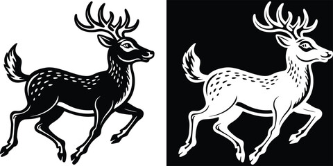 A strong black and white drawing of two reindeer in a snow covered landscape, highlighting their robust features and winter environment.