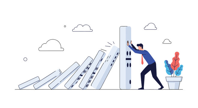 Businessman pushing a domino to stop the falling effect illustrating a crisis management or problem-solving concept in business