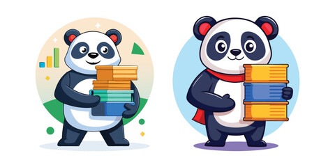 Adorable Corporate Panda Holding Stack of Successful Business Reports – Cute Office Animal Character Illustration for Productivity, Growth, and Business Success Themes