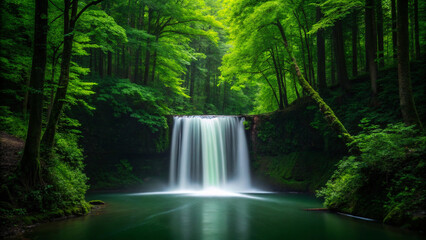 Fototapeta premium Breathtaking waterfall cascading into tranquil pool within lush green forest scenery