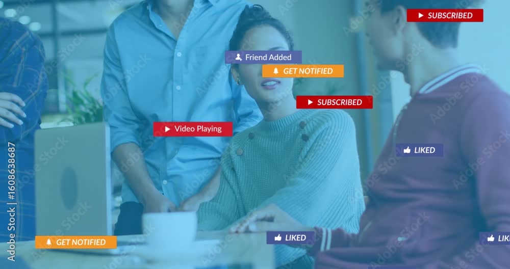 Poster colleagues testing ui by laptop cta button showing causing social icons popping, coworker entering