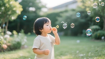 Child blowing bubbles in a sunny outdoor garden