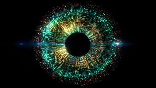 Futuristic artificial cyber eye illuminated with glowing neural circuits and radiant fiber optic light rings, resembling advanced biometric scanning or high-tech digital surveillance technology system