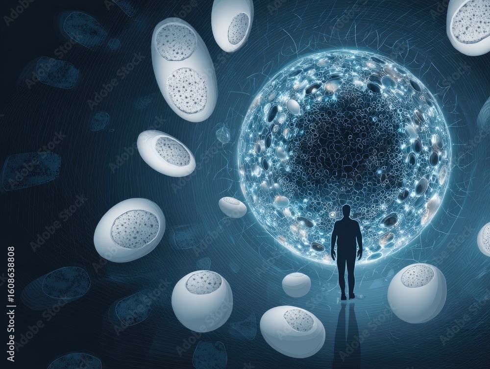 Poster abstract image of a person standing before a large, complex sphere surrounded by smaller spheres