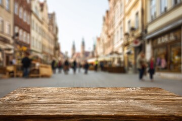 Fototapeta premium Wooden tabletop over a blurred city street