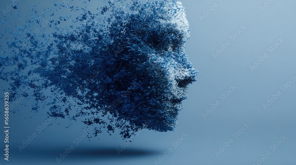 Poster profile of a human face dissolving into particles, representing concepts of fragility and change