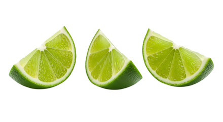 Three bright green lime wedges with visible segments isolated on a transparent background citrus fruit