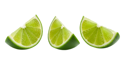 Three bright green lime wedges with visible segments isolated on a transparent background citrus fruit