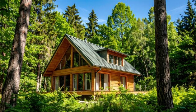 Modern wooden cabin nestled in lush forest