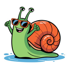Snail cartoon vector animal funny and smile face with sunglass drawing clipart on water.
