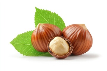 two hazelnuts with green leaves, centered, uniform white background, commercial super realistic shot