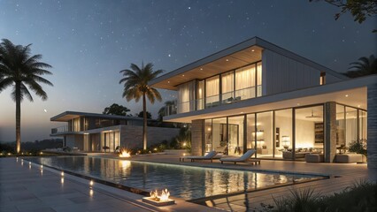 Luxury modern home with pool at night real estate dream house architecture design and palm trees scenic view