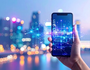 A hand holding a smartphone with city skyline and data overlay
