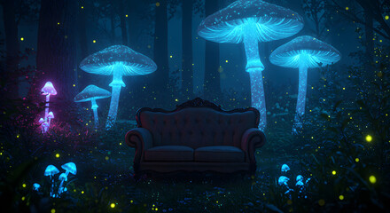 A comfortable vintage sofa offers a surreal resting place in a magical forest illuminated by giant glowing mushrooms.