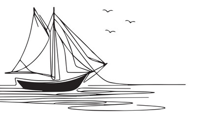 Continuous one single minimal line drawing sailboat