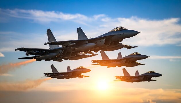 Four fighter jets fly in formation at sunset