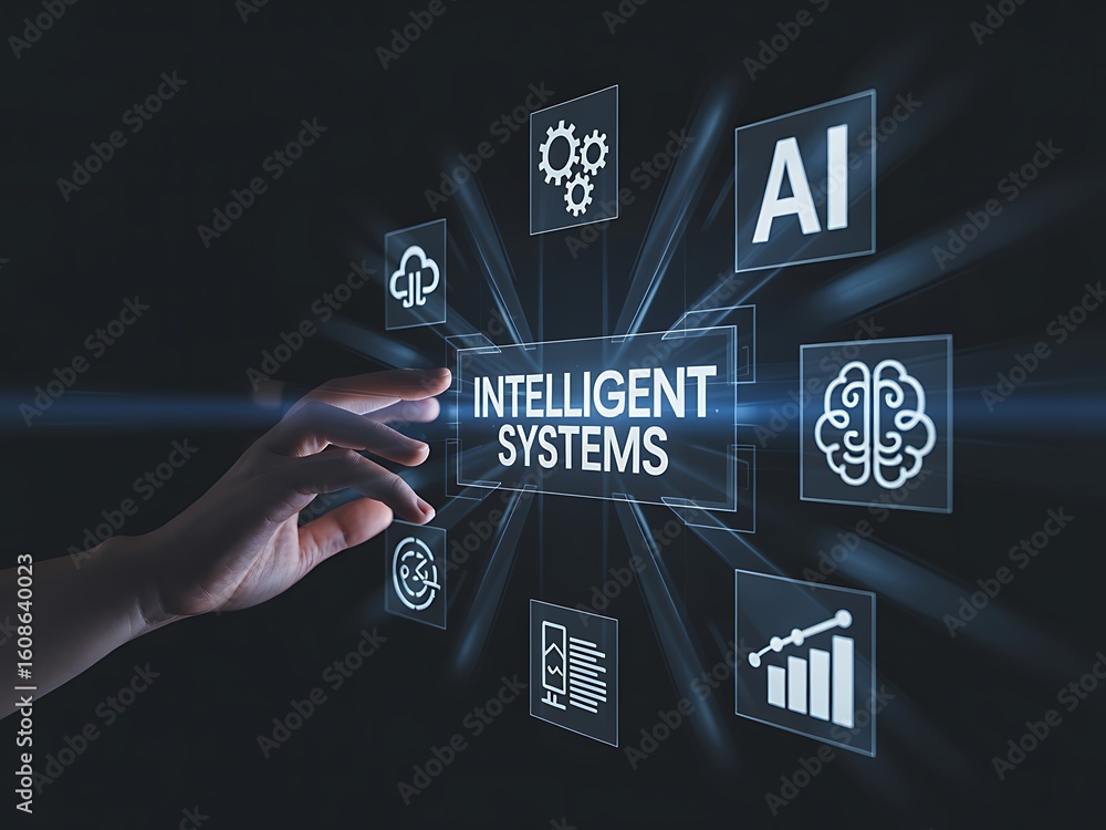 Poster intelligent systems for business innovation. a hand presses a button on a futuristic virtual screen 