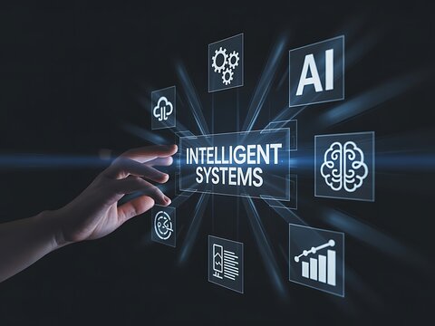 Intelligent systems for business innovation. A hand presses a button on a futuristic virtual screen with icons for AI, cloud computing, data analysis, and process automation technology.