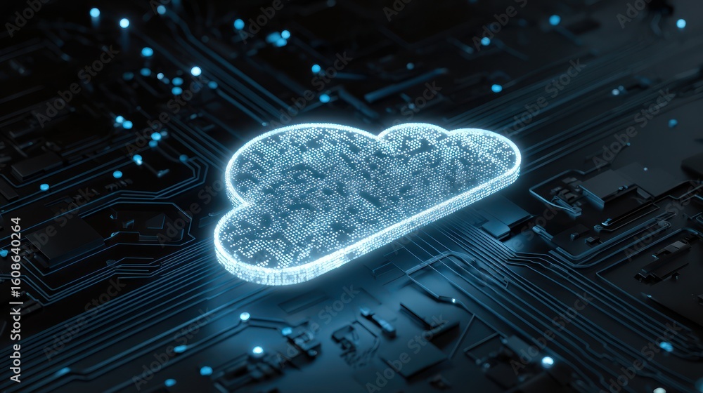 Poster glowing cloud symbol on a circuit board, representing cloud computing, digital transformation