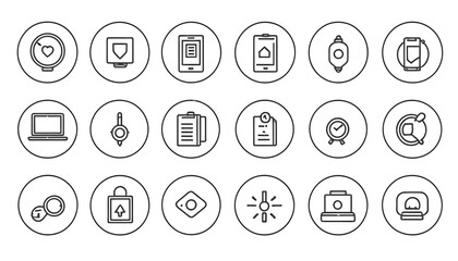 Icon Set Vector SVG with Circle Outlined Icons Laptop Mobile Security Clock and Light Minimalist Style