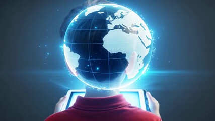 Child uses technology with tablet projecting glowing digital globe symbolizing global connection and futuristic innovation technology enhancing - Powered by Adobe