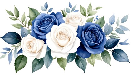 Elegant arrangement of blue and white roses with lush green leaves