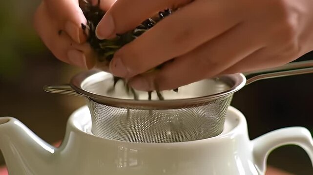 Preparing tea with strainer