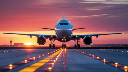 Commercial Airplane on Runway at Sunset
