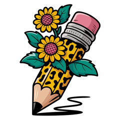 A pencil and sunflowers with green leaves on a white background.
