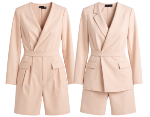 Stylish Beige Blazer Romper and Shorts Set on Mannequins