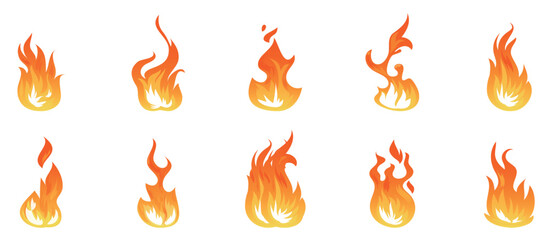 Set of fire flames vector icons. Collection of burning bonfire elements. Red and orange hot flame graphic design symbols for energy, power, and heat. Set of nine orange flames with varying size vector