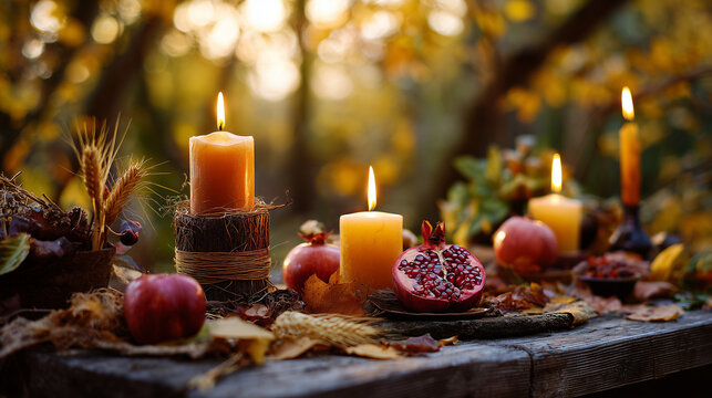 Mabon (Wiccan Harvest Festival), pagan altar with candles, apples, pomegranate