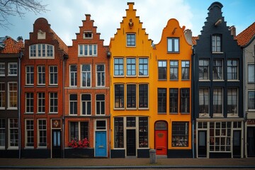 Fototapeta premium Colorful row of Dutch-style houses with distinctive gables and large windows.
