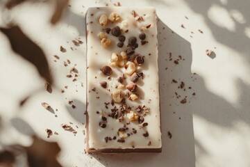 Vintage style magazine cover. thin chocolate bar with hazelnuts and nougat, subject photography on a light background. minimalism