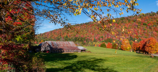 Panoramic view of Country barn ,Plymouth Notch , scenic landscape in Vermont during autumn time.