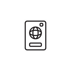 A minimalist line art icon depicts a passport, featuring a globe symbol on its cover and a small camera or identification mark, all against a clean white background.