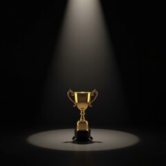Golden trophy gleaming under a dramatic spotlight in a dark empty room