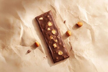 Vintage style magazine cover. thin chocolate bar with hazelnuts and nougat, subject photography on a light background. minimalism