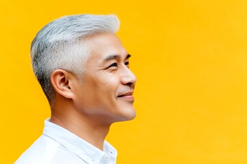 Fototapeta premium Elegant men's soft perm haircut - midlife southeast asian man with short hair. Yellow solid background. Conceptual art of style for aging men. A peaceful man enjoying a relaxed studio shoot.