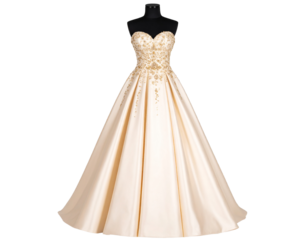 Elegant Gold Embroidered Ball Gown on Mannequin for Formal Occasions