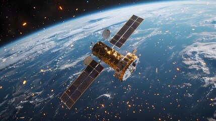 Obraz premium Space debris flying past a communications satellite in orbit
