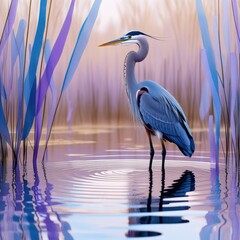 Majestic great blue heron stands serenely in a dreamy purple and blue wetland landscape