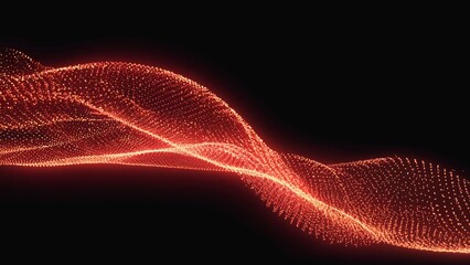 Vibrant glowing red and orange digital wave of dots representing energy, futuristic communication, big data transfer, and abstract technology background in motion with a dark high-contrast backdrop.