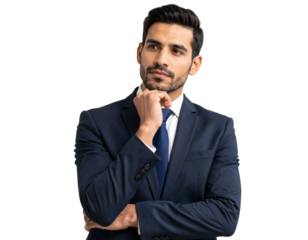 Pensive Businessman in Blue Suit Thinking and Planning