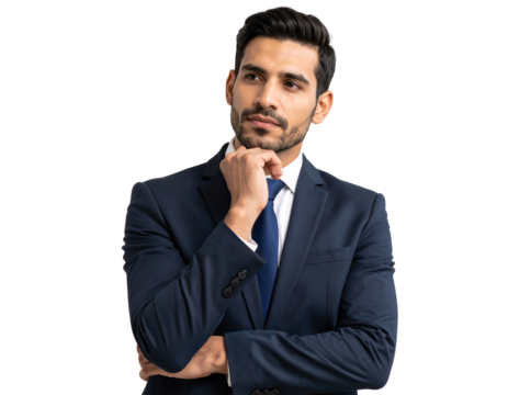 Pensive Businessman in Blue Suit Thinking and Planning

