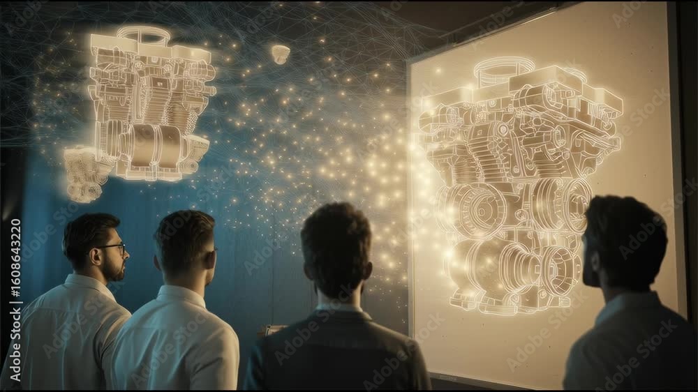 Poster dynamic scene of automotive designers brainstorming with floating engine icons in a cinematic dark r