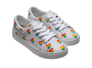 Rainbow heart sneakers white canvas low top shoes pride lgbtq, Isolated On White, Transparent Background, Png