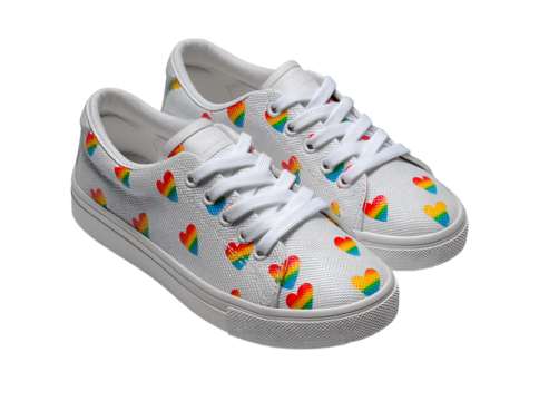 Rainbow heart sneakers white canvas low top shoes pride lgbtq, Isolated On White, Transparent Background, Png