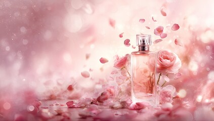 Delicate perfume bottle surrounded by rose petals