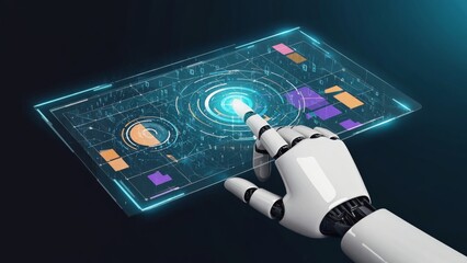 Advanced robotic hand touching a glowing holographic control panel filled with futuristic interface elements, illustrating AI interaction, machine learning, and cutting-edge digital technology systems